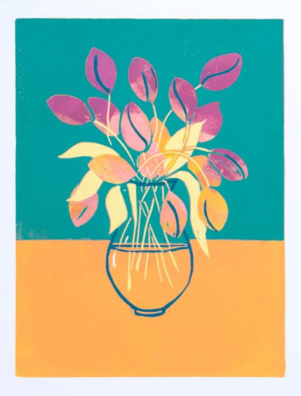 Tulips in vase – lino-print
